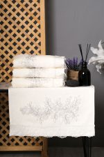 Silver Floral Embroidered Hand Towels • Cream Pearl Detail Bathroom Set of 4 - Image 2