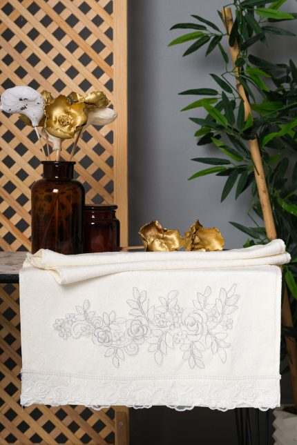 Silver Floral Embroidered Hand Towels • Cream Pearl Detail Bathroom Set of 4