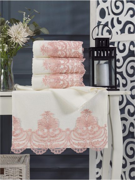 Royal Cream Hand Towel Set of 4 – Pink Lace – Velvet Cotton