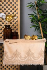 Cappuccino Turkish Cotton Hand Towel Set – Gold Lace Embroidered Towels – Elegant Bathroom Decor