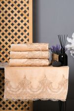 Cappuccino Turkish Cotton Hand Towel Set – Gold Lace Embroidered Towels – Elegant Bathroom Decor - Image 2