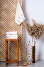 Purple Floral Embroidered Cream Velvet Cotton Hand Towel Set - Turkish Elegance - Image 3