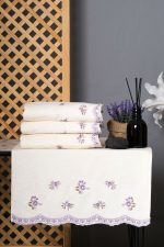 Purple Floral Embroidered Cream Velvet Cotton Hand Towel Set - Turkish Elegance - Image 2