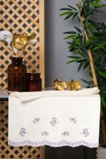 Purple Floral Embroidered Cream Velvet Cotton Hand Towel Set - Turkish Elegance